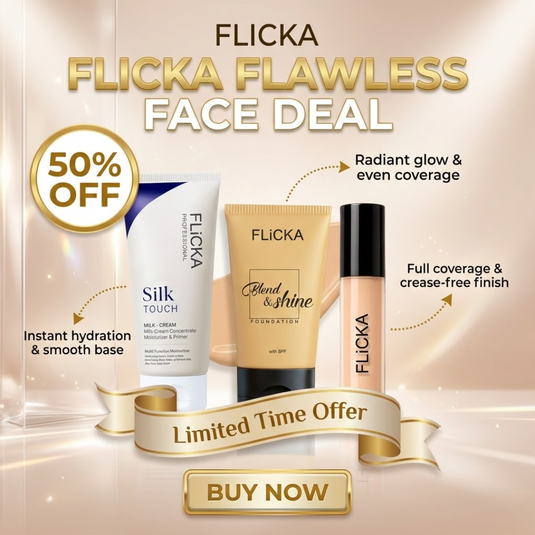 FLICKA Silk Touch & Blend & Shine Face Trio Deal | Hydrating Primer + SPF Foundation + Concealer