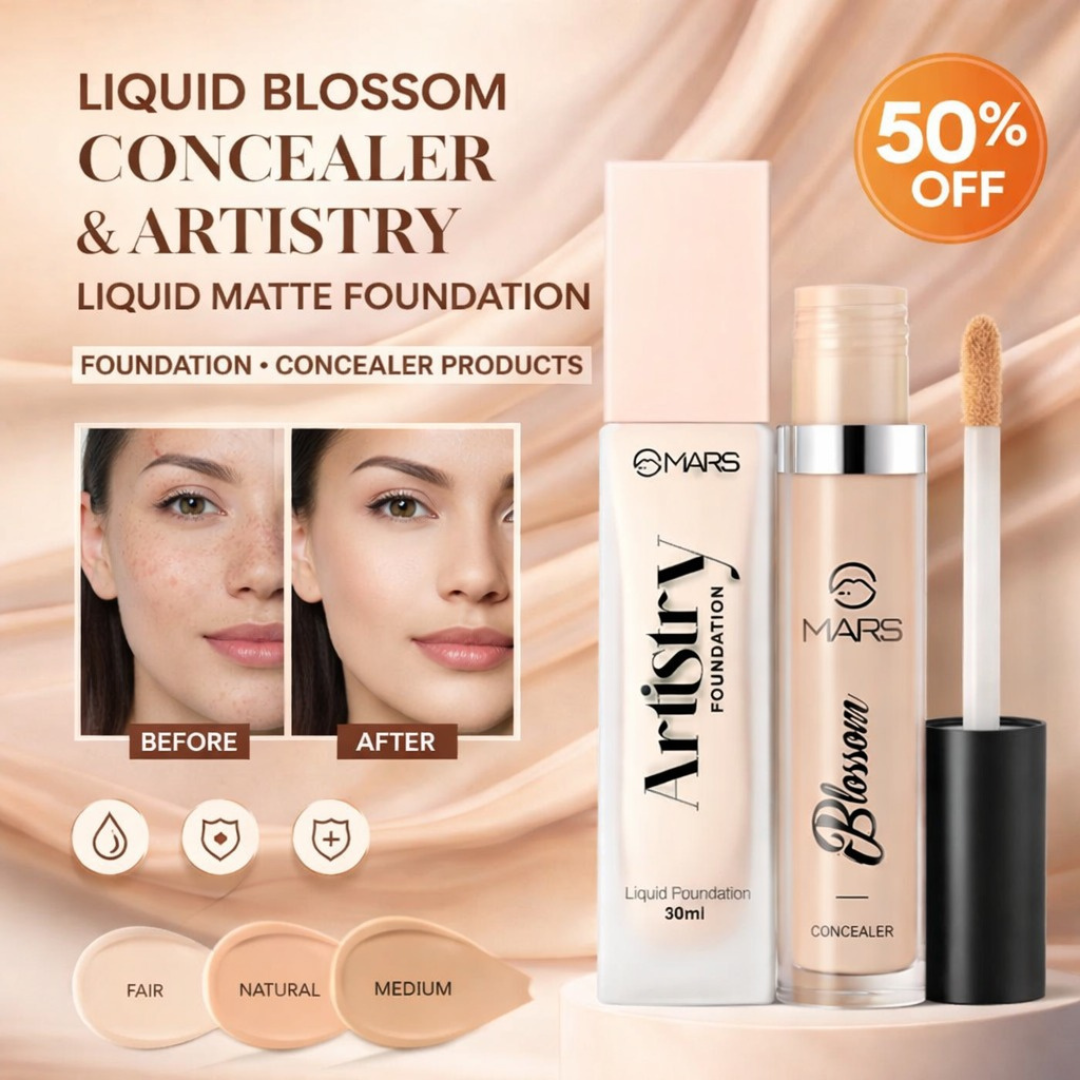 MARS Liquid Blossom Foundation & Concealer Set | SPF 50+ PA++++, Longwear, Crease-Resistant & Customizable Coverage